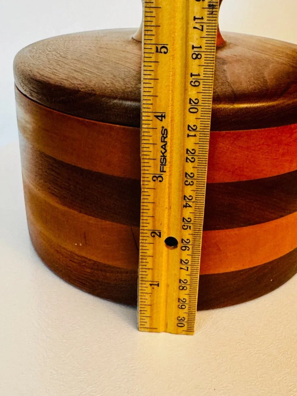 Handmade Turned Wood Round Box 7x7 Trinket Box with Lid 4 Layer Cabin READ